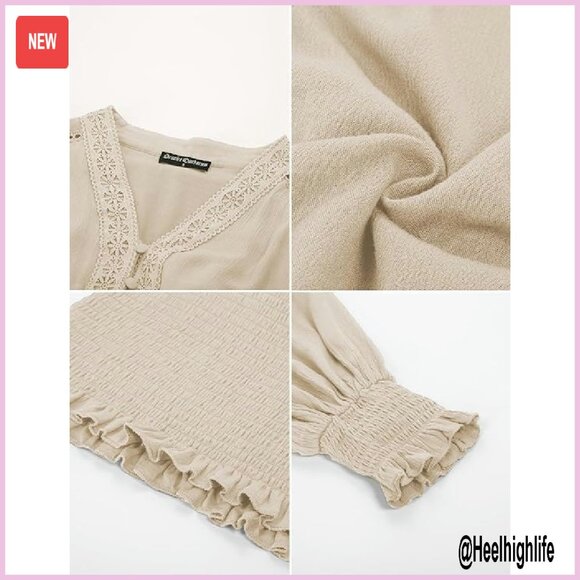 Renaissance Boho Blouse Long Sleeve V Neck Smocked Peasant Top - Picture 7 of 8